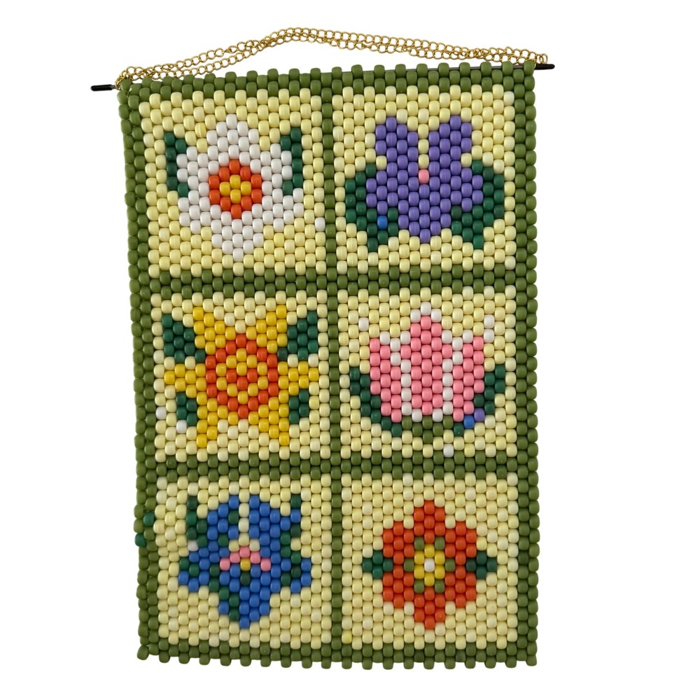 Vintage  Handmade Floral Pony Bead Wall Hanging Pixel Art Flower Decor